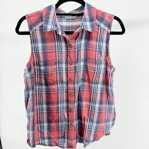 Y2K‎ So Coral Blue Plaid Sleeveless Button Down Shirt Women's Size Large Grunge